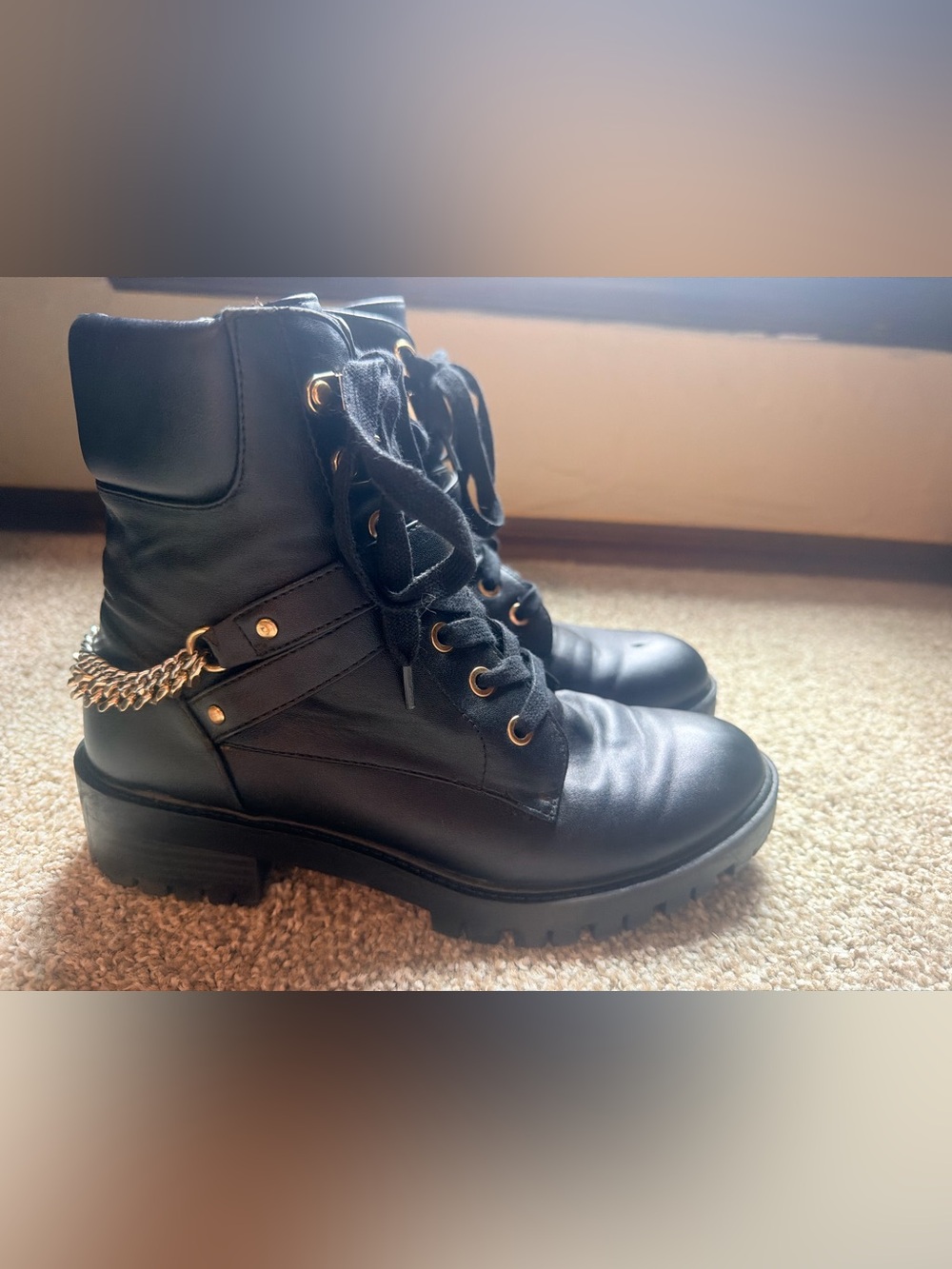 Rachel Zoe Black Combat Boots with Metal Hardware, Size 7.5